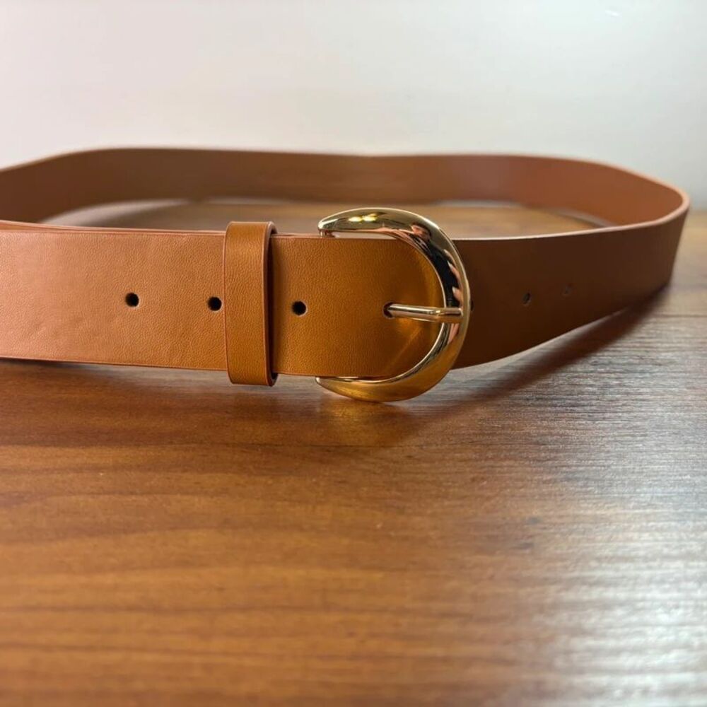 Women’s Cognac Tan Faux Leather Wide Belt Gold Oval Buckle Size 3X Plus